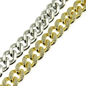 Hiphop 12mm Cuban link chain in silver and gold plating with pavé set cubic zirconia