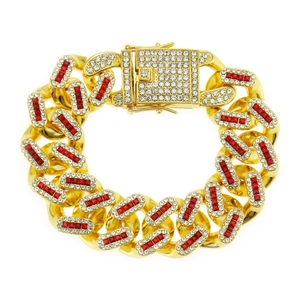 21mm breites Herren Gold-Cuban-Armband mit funkelnden roten und weißen Baguette-Kristallen