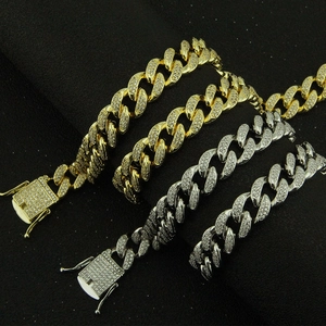 Men's hiphop Cuban link chain necklaces in gold and silver finish with pavé set zircons