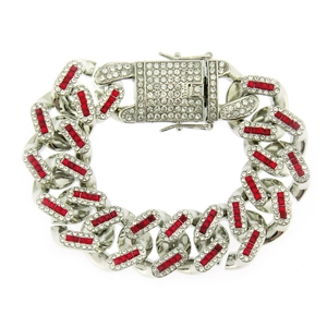 Detailansicht 21mm Silber Gliederkette mit weißen Diamanten und roten Schmucksteinen