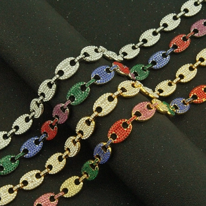 Hip hop coffee bean link necklace with colorful rhinestones in gold and silver plating