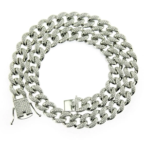 Iced out silver Cuban link chain necklace with micro paved cubic zirconia for men