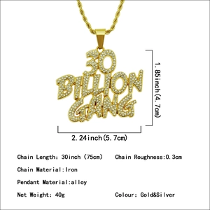 Hip hop necklace featuring a 30 Billion Gang iced-out pendant in gold finish