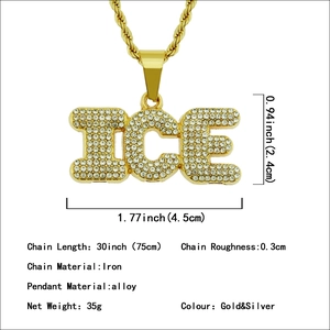 Pendentif ICE serti de strass avec chaîne à maillons dorée pour homme style hip hop