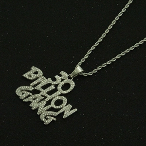 Silver Hip Hop 30 Billion Gang iced out pendant necklace with a thick rope chain