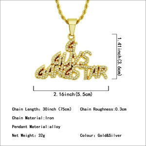 Hiphop iced-out GUYS GANGSTAR letter pendant necklace with 75cm long twist chain