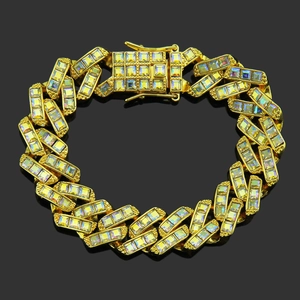 Bracelet cubain plaqué or hip-hop avec strass arc-en-ciel AB carrés multicolores