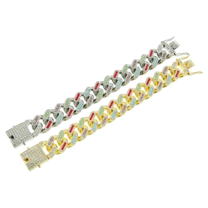 Bracelets cubains glacés en or et argent avec cristaux colorés pour un style hip hop
