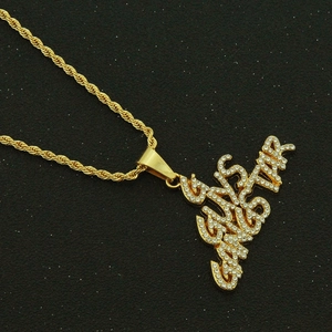 Hip-hop gold rope chain necklace with a diamond-paved letter pendant on black background