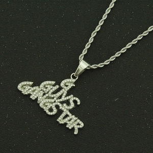 Hip hop silver GANGSTAR letter pendant necklace with iced out rhinestones and rope chain
