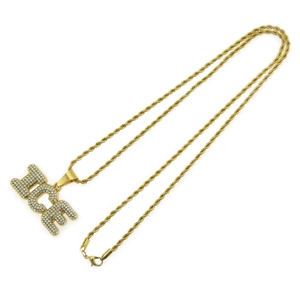 Collier hip hop plaqué or avec grand pendentif lettre ICE et chaîne de type corde