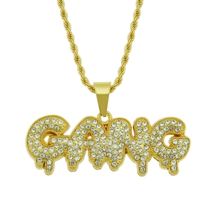 Collier Pendentif Lettre GANG Hip Hop Pour Hommes Strass Incrusté Alliage Fer Chaîne Corde Bijoux Mode Streetwear Collier De Discothèque