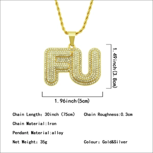 Gold plated hip hop bubble letter FU pendant with paved rhinestones on 75cm twist chain
