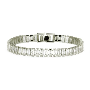Fashionable tennis bracelet with rectangular cubic zirconia in polished silver metal plating