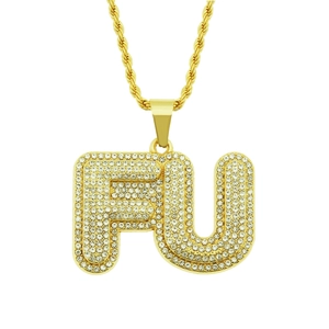 Hip Hop FU Letter Big Pendant Necklace For Men Iced Out Zinc Alloy Rope Chain Rhinestone Street Wear Jewelry