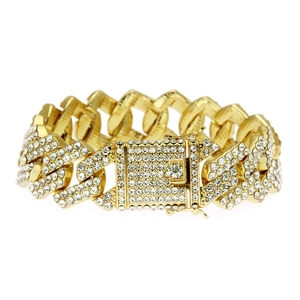 Macro shot of 20mm wide gold-toned cuban link bracelet with pave set cubic zirconia stones