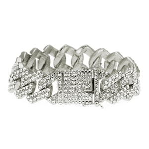Mens iced out silver Cuban link bracelet with 20mm width and sparkling pave crystals