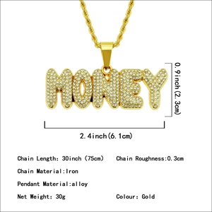 Collier hip hop doré avec pendentif MONEY serti de strass et chaîne torsadée