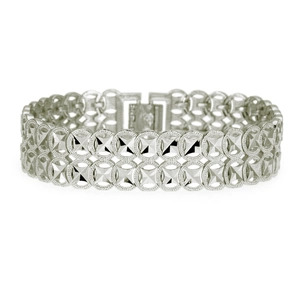 Mens wide silver geometric link bracelet with hollow circular frames and pyramid studs