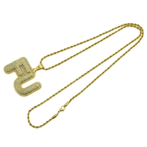 Iced out gold FU letter pendant necklace with sparkling diamonds and rope chain