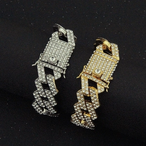 Iced out rhombus Cuban link bracelet in gold and silver finish with rhinestones