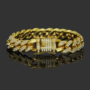 Men's hip-hop gold plated Cuban link bracelet with iced-out crystals and box clasp