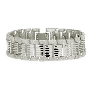 Men's punk silver chain bracelet with industrial textured geometric link blocks
