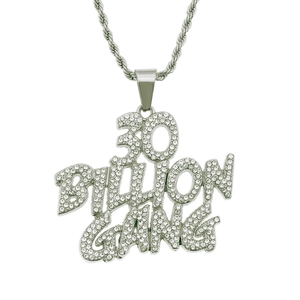 Silver hip hop necklace with 30 Billion Gang letter pendant and iced out crystals