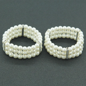 Three-layer faux pearl bangle with sparkling silver-tone crystal spacers for women