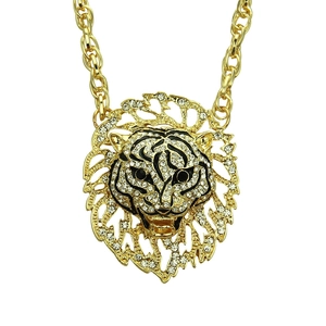 Hip Hop Rock Iced Out Lion Head Pendant Necklace Alloy Rhinestone Inlaid Tiger Animal Head Twist Chain Fashion Jewelry