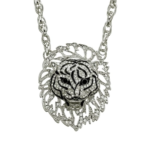 Hiphop silver lion head pendant necklace with iced out crystals and black enamel details
