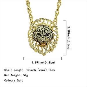 Gold plated hollow lion head pendant necklace with rhinestones and size dimensions