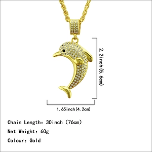 Men's hip hop gold dolphin pendant necklace with CZ stones on 30 inch rope chain