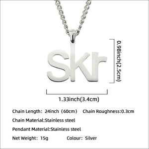 Collier avec pendentif lettre Skr en acier inoxydable argenté et chaîne de 60cm hip hop