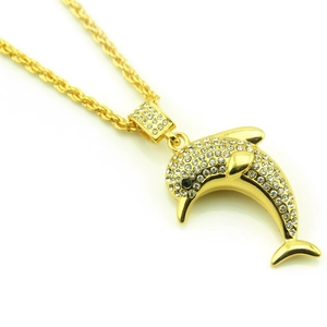 Men's hip hop dolphin pendant necklace with sparkling crystals on gold twist rope chain