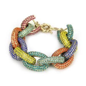 Bracelet à maillons dorés style hip-hop orné de strass colorés avec fermoir mousqueton
