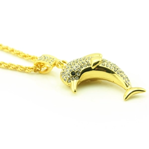 Hip hop iced out 3D dolphin pendant necklace with sparkling crystals and gold rope chain