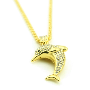 Gold dolphin pendant necklace with micro-paved sparkling crystals on a fine link chain