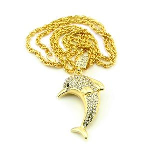 Hip hop dolphin pendant necklace in gold finish with sparkling rhinestones and rope chain