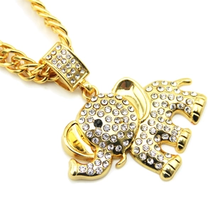 Collana hip hop da uomo con ciondolo a forma di elefante dorato e strass brillanti