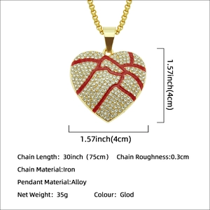 Hip hop broken heart pendant necklace with red enamel and crystals on gold chain