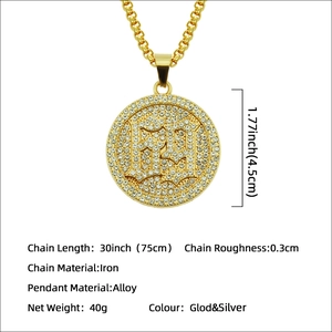 Hiphop style 18K gold plated round dog tag necklace with CZ diamond letter B pendant