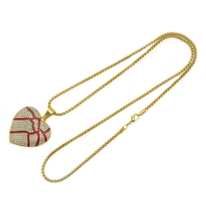 Hip hop heart pendant necklace with red cracked oil texture and pavé white rhinestones