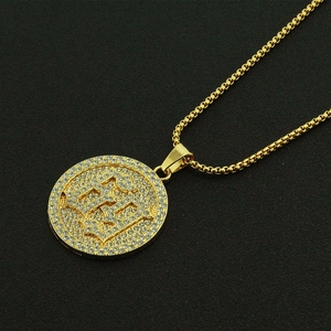 Hip-hop gold plated circular pendant necklace with sparkling pavé crystals for men