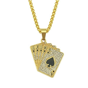 Collier Pendentif Poker Hip Hop Pour Hommes Alliage Strass Quinte Flush Royale Piques Carte de Poker Collier Pour Bijoux Hommes Cadeau
