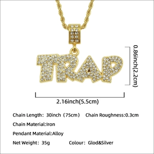Hiphop gold TRAP letter pendant necklace with sparkling rhinestones and rope chain