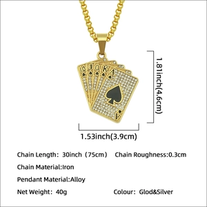 Collier pendentif poker royal flush pour homme style hip hop avec cristaux étincelants