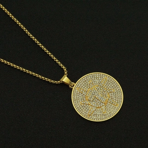 Hip hop gold plated round medallion pendant necklace with cubic zirconia and bead chain