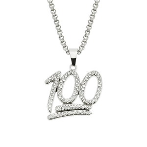 Close-up of hip hop silver necklace with iced out number 100 emoji pendant details