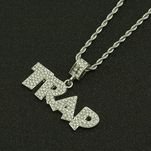 Hip-hop silver TRAP letter pendant necklace with sparkling rhinestones and twist chain